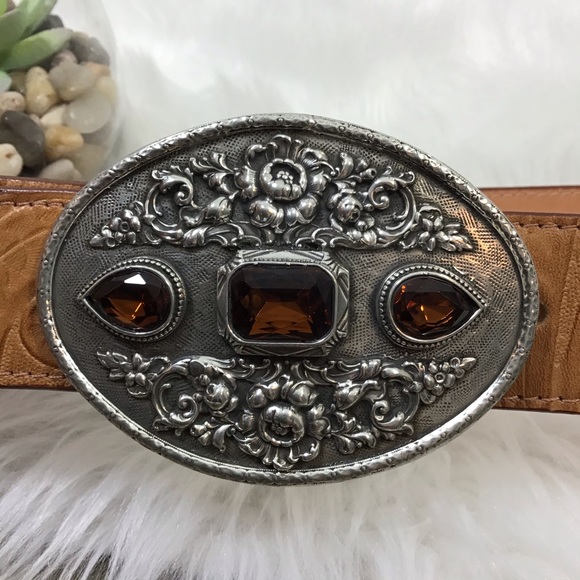 Moulin Rogue Silver Buckle Tan Tooled Leather Belt - Picture 3 of 7